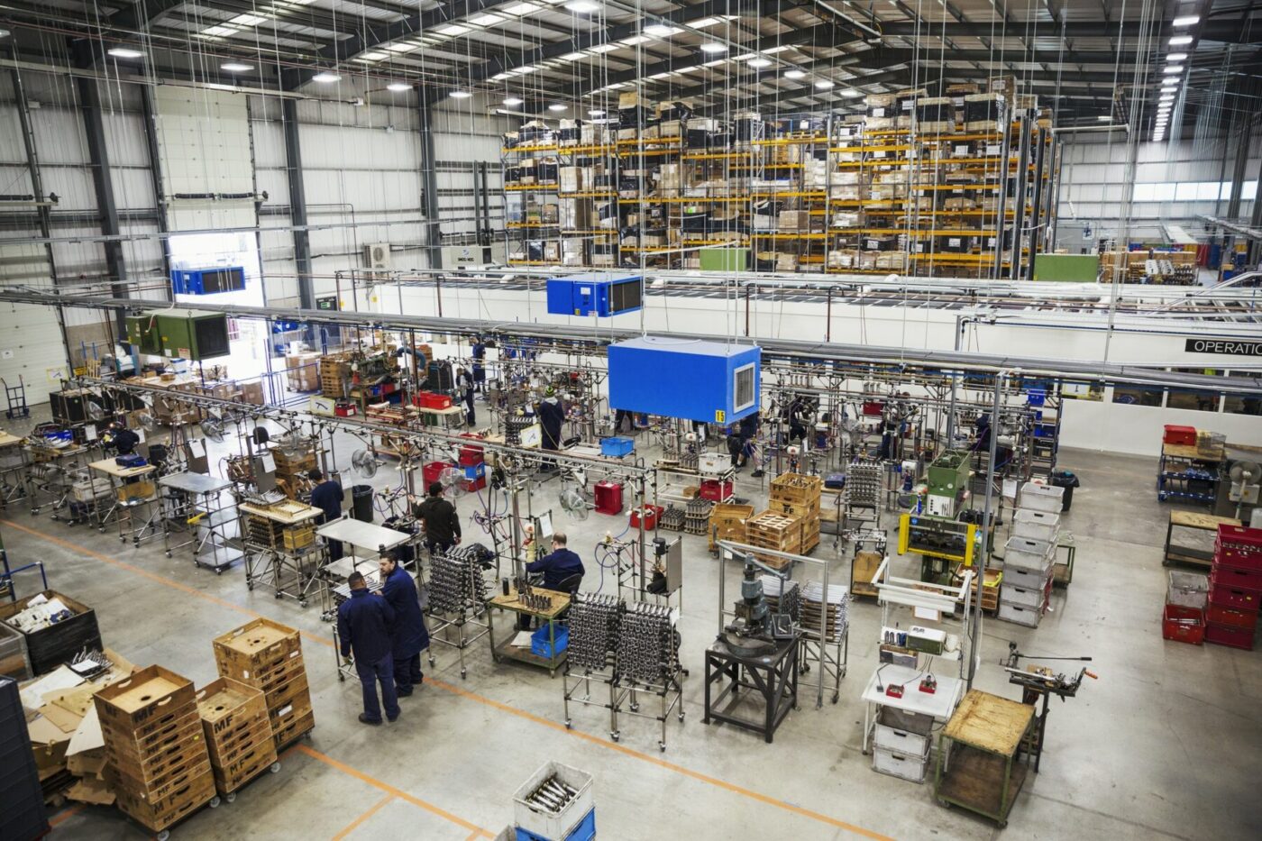 High angle view over the factory floor and assembly process in a bicycle factory.